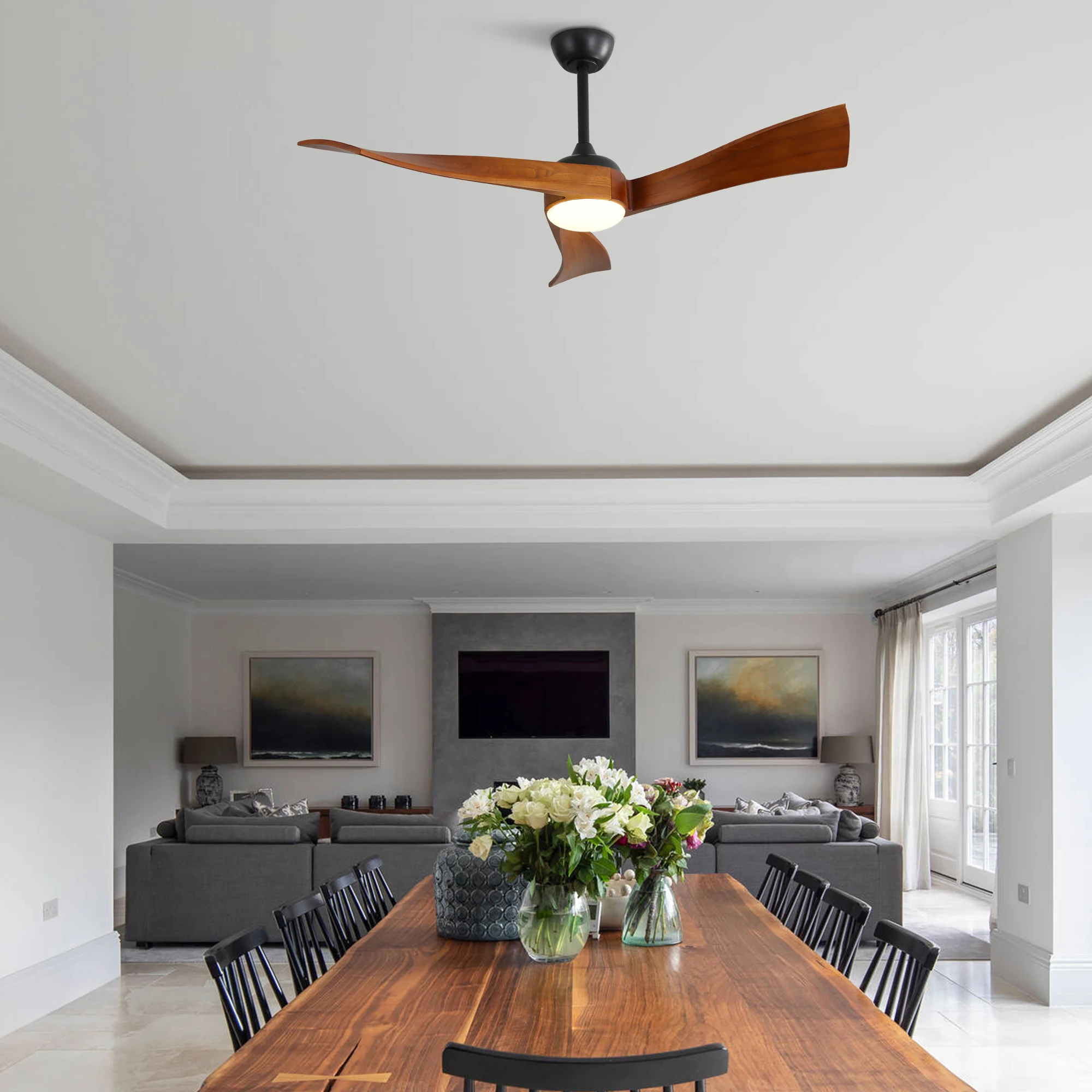 Sofucor Modern 52-inch Ceiling Fan with LED Reversible DC Motor 6-speed High wind 3  Walnut Wood Blade and Remote control