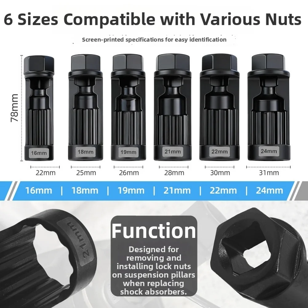 6Pcs Shock Absorber Nut Removal Socket Set 16-24mm For CR-MO Steel Suspension Tool For Porsche Car Repair Wrench Kit