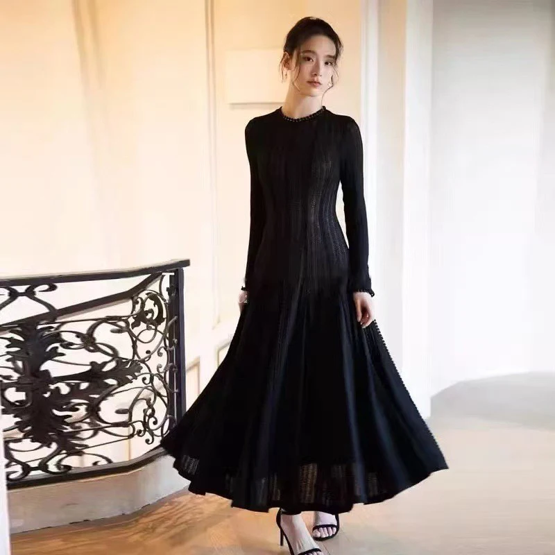 

Spring Long Sleeved Big Swing Dresses Women O Neck Lace Hollow Out Long Dress Elegant Summer High Waist Slim A-line Skirt Dress
