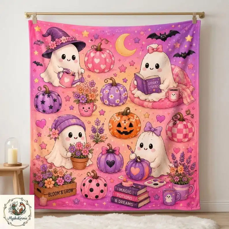 Cute Pink Ghost Halloween Blanket, Cozy Spooky Ghost Throw Blanket, Floral Pumpkin Fall Blanket, Kawaii Halloween Decor Gift