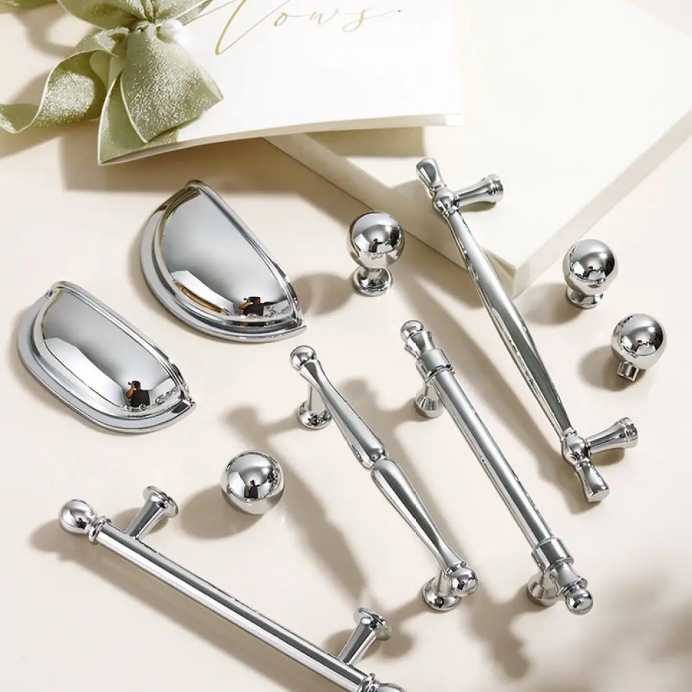 Elegant Shiny Silver Zinc Alloy Cabinet Handle Modern Drawer Knobs French Style Furniture Pulls For Cupboard Doors