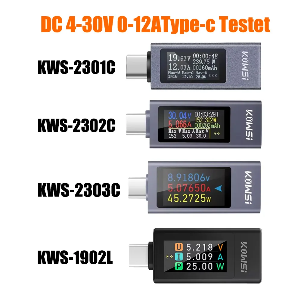 KWS-1902L 2301-3C Tester 4-30V 0-8A Current Voltage Monitor Fast Charging Voltage Ammeter Power Meter with Power Off Storager
