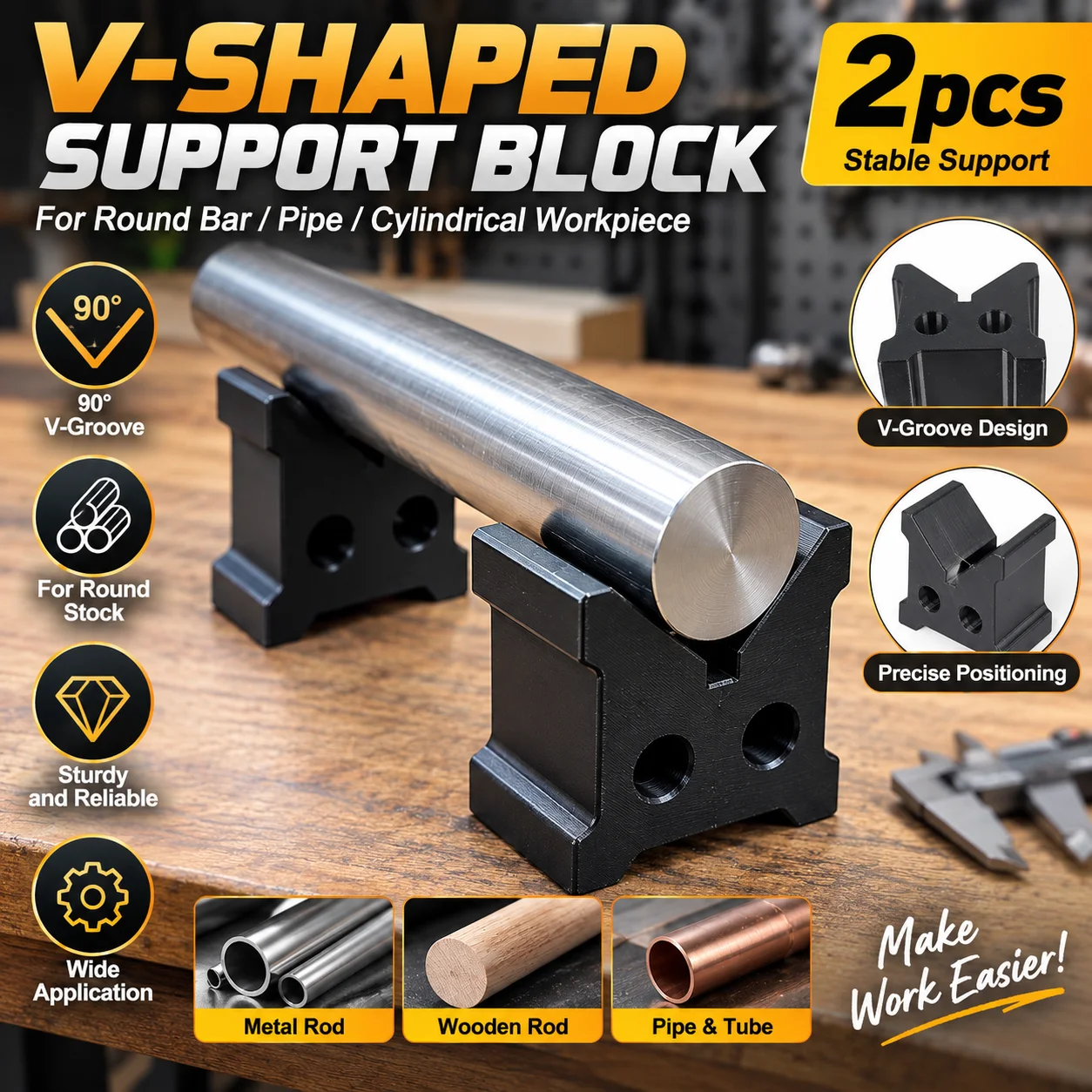 2PCS V-Shaped Round Bar Support Blocks Cylindrical Workpiece Holder Positioning Fixture for Rod Pipe Lathe Workshop Tool Black