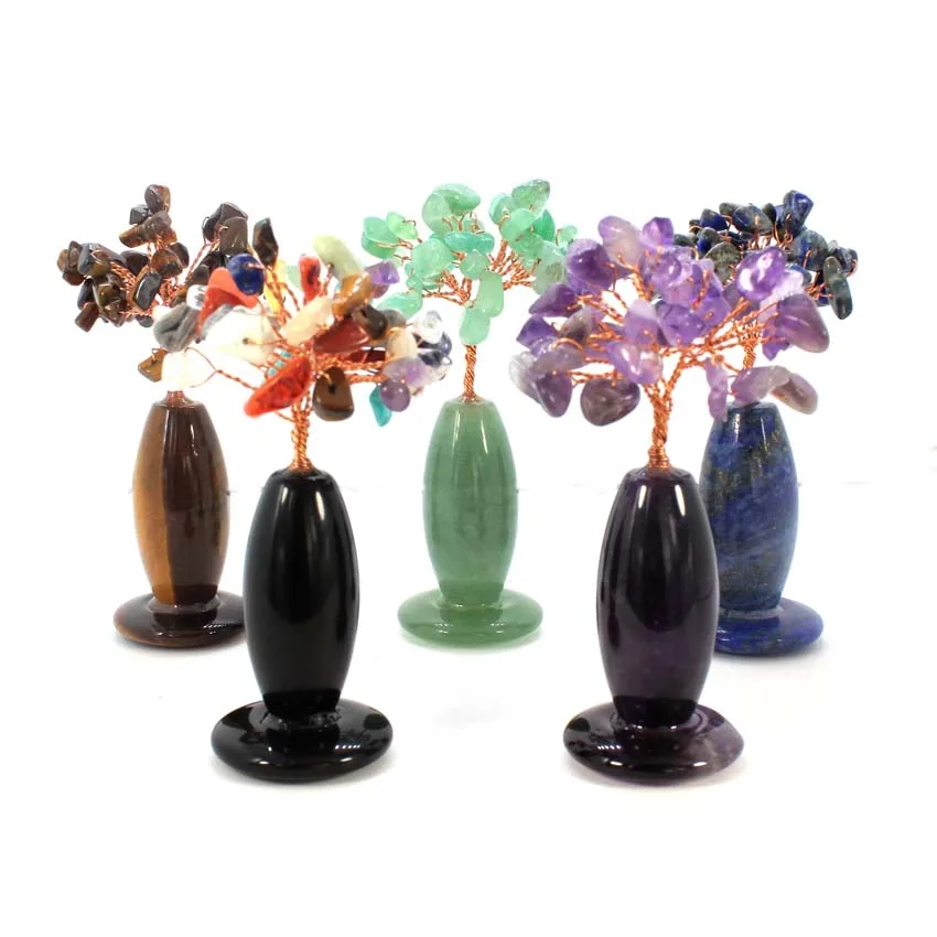 

Copper Wire Wrapped Natural Amethyst Rose Quartz Chip Tree Crystal Stone Vase Base Feng Shui Tree Home Office Decor Decoration