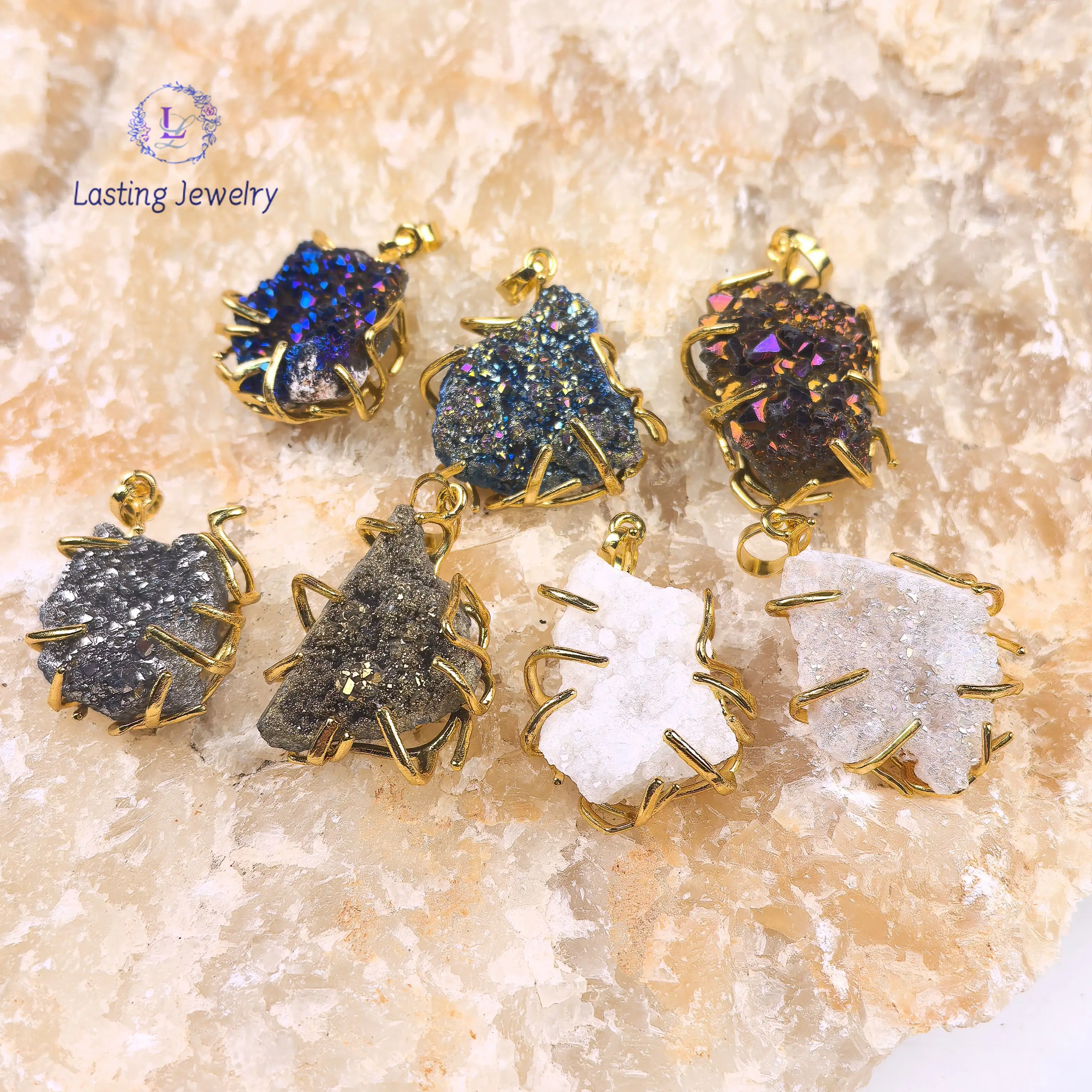 

Natural Quartz Geode Druzy Pendants Rough Irregular Titanium Crystal Drusy Nugget Charms Necklaces Women Jewelry Gift For Her