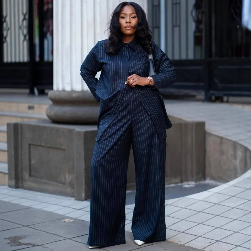 Navy Blue Pinstripe Two Piece Set Women Long Sleeve Shirt + Wide Leg Pants African Office Casual Loose Summer Plus Size Outfits
