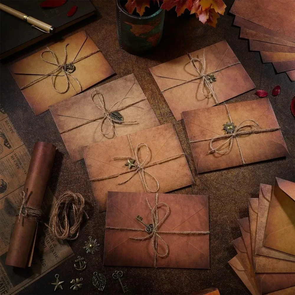 

12 Sets Vintage Kraft Envelopes A7 5x7in with Metal Corner Jute Twine Self-Adhesive Seal for Wedding Invitations Love Letters