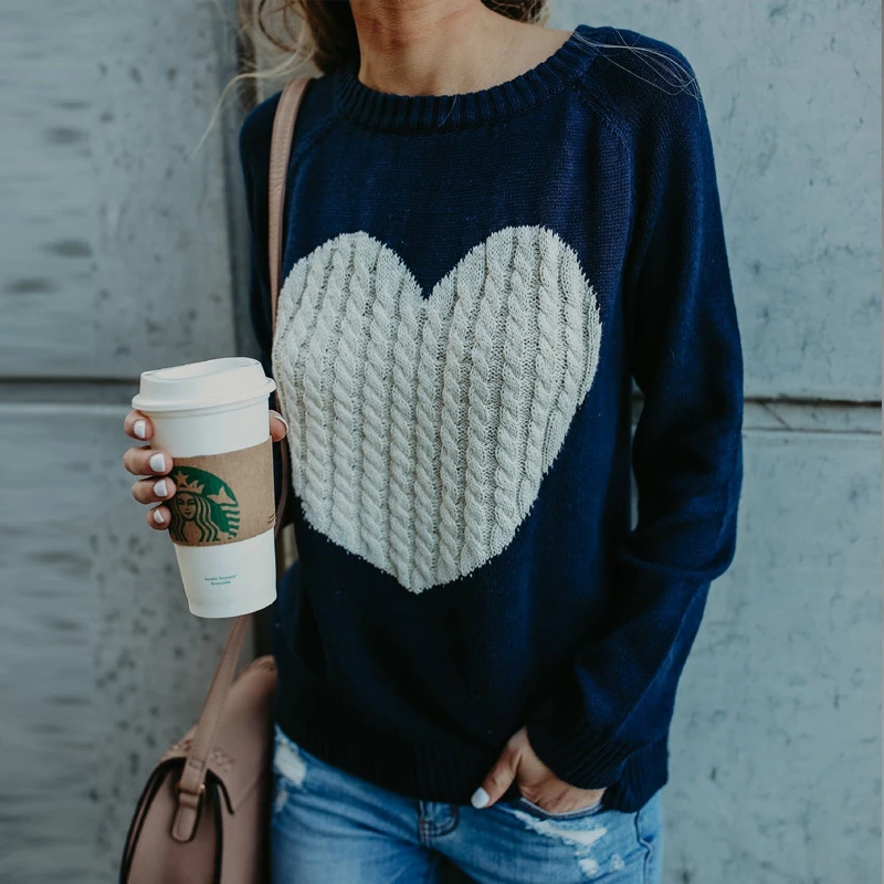 Plus Size Love Heart Knit Sweater O Neck Pullover for Women Oversized Clothing Autumn Winter