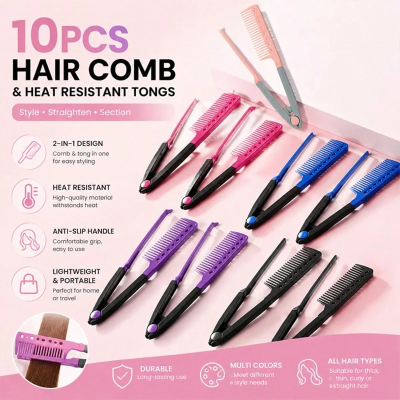 10 Pack 2 in 1 Hair Comb & Heat Resistant Tongs, Anti-Slip Handle Straightening Sectioning Combs, Portable Salon Styling Hair Tools for Curly Straight Thin Thick Hair, Multi Colors