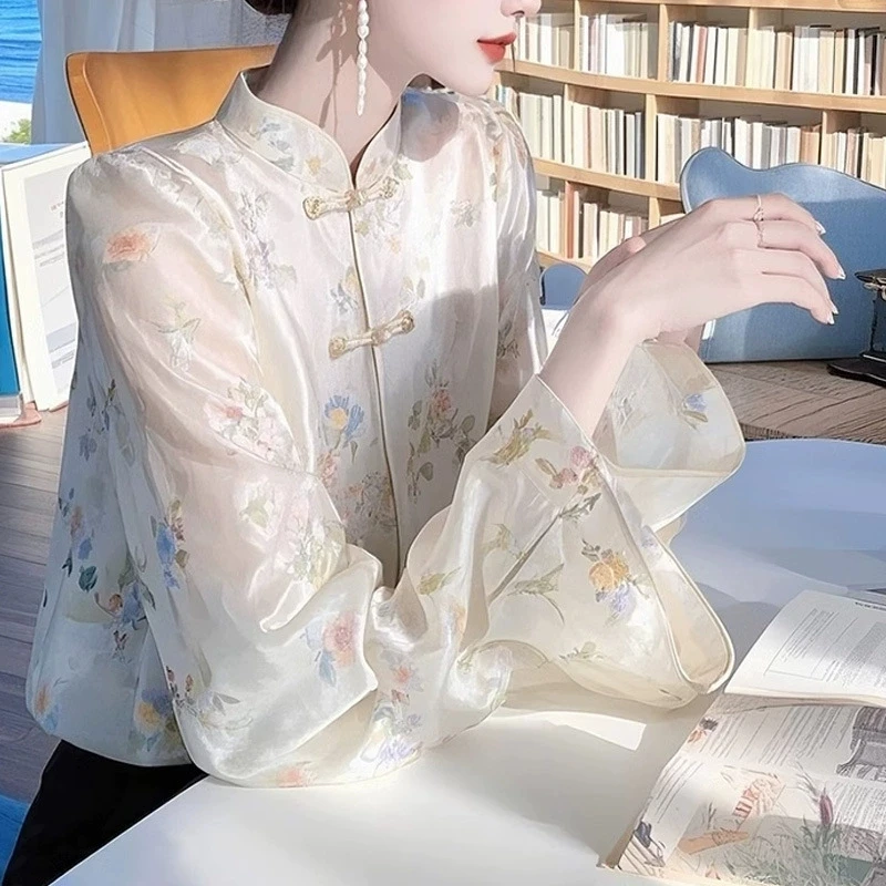 جديد النمط الصيني المشمش الأزهار بلوزة قميص المرأة 2025 الربيع الرجعية زر طويلة الأكمام الفاخرة تانغ دعوى واقية من الشمس قميص علوي Y2K