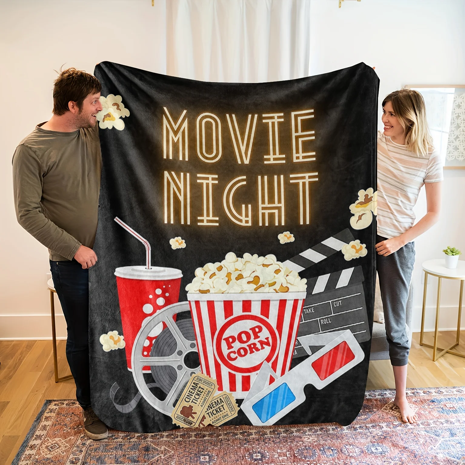 Cozy Movie Night Flannel Blanket - Soft 100% Polyester with HD Digital Print Popcorn, Soda & Film Reel Design, Black Background
