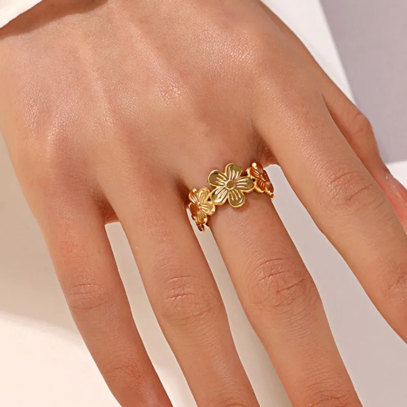 New Vintage Simple Gold Color Floral Opening Adjustable Women's Ring Fashion Stainless Steel Party Holiday Jewelry Accessories image 3