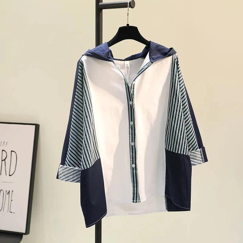 Summer 2025 Fashion Splicing Stripe Hooded Women Shirt Loose Asymmetrical Long Sleeves Sun Protection Clothing Shirt Female Coat