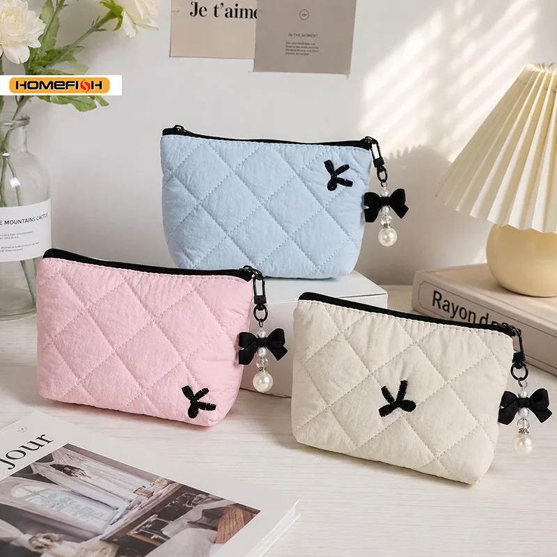 HOMEFISH Gesteppte Schleifen-Make-up-Tasche, Tragbare Reise-Tasche für Lippenstift, Kopfhörer, Kleine Gegenstände, Exquisite Handtasche – Detail 1
