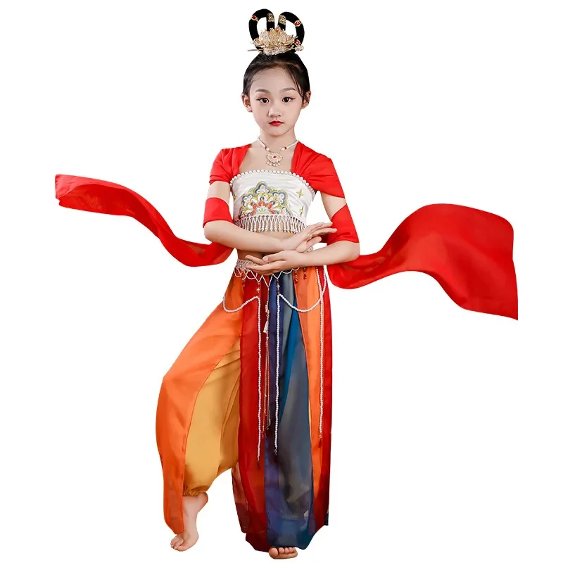 Costumi di danza Dunhuang per bambini Danza classica Abbigliamento per spettacoli etnici Spettacolo di Capodanno Pipa Giocare a Show Dress