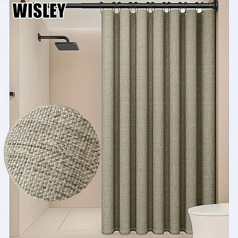 1pc High-end Linen Small Hole Bathroom Shower Curtain Home Decoration Curtain Imitation Linen Fabric with Matching Hooks