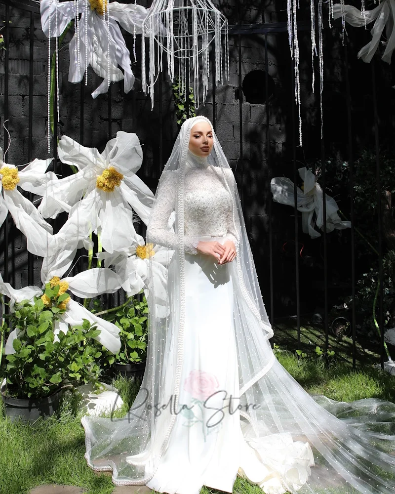

LRosella Luxury 2025 Beads Lace Applique Muslim Long Sleeves Bridal Gown Court Train Customized Sheath Lawn Wedding Dresses