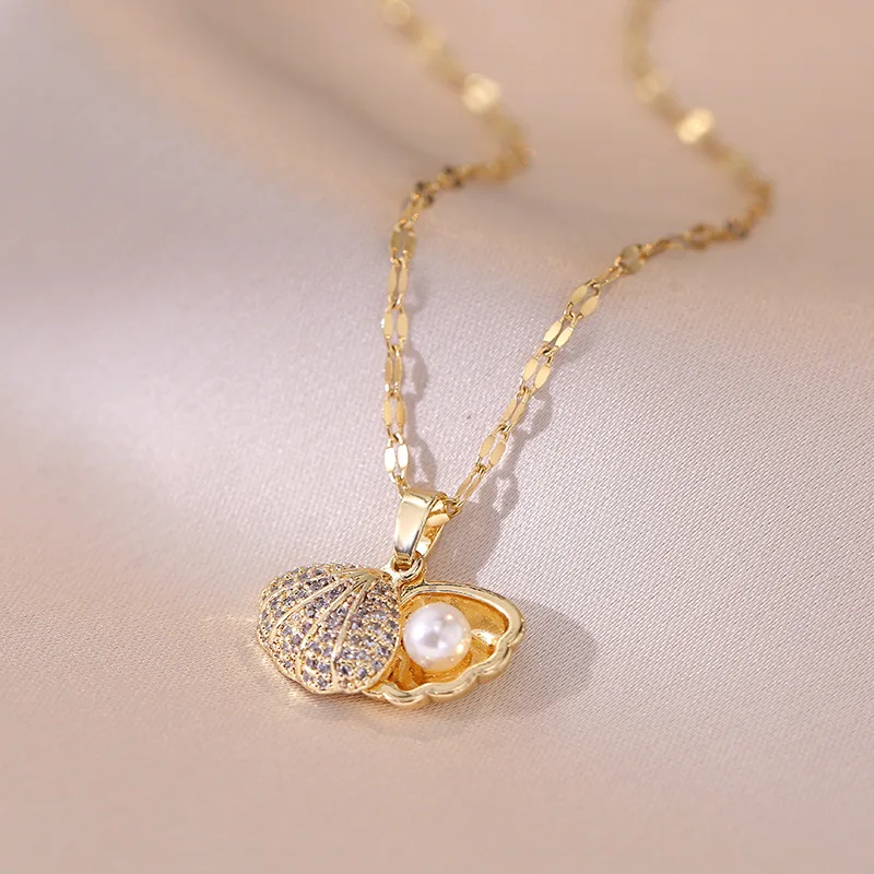 Yupsk Fashion Personalized Shell Starfish Pearl Necklace for Women  Versatile Shiny Zircon Engagement Wedding Party Jewelry image 5