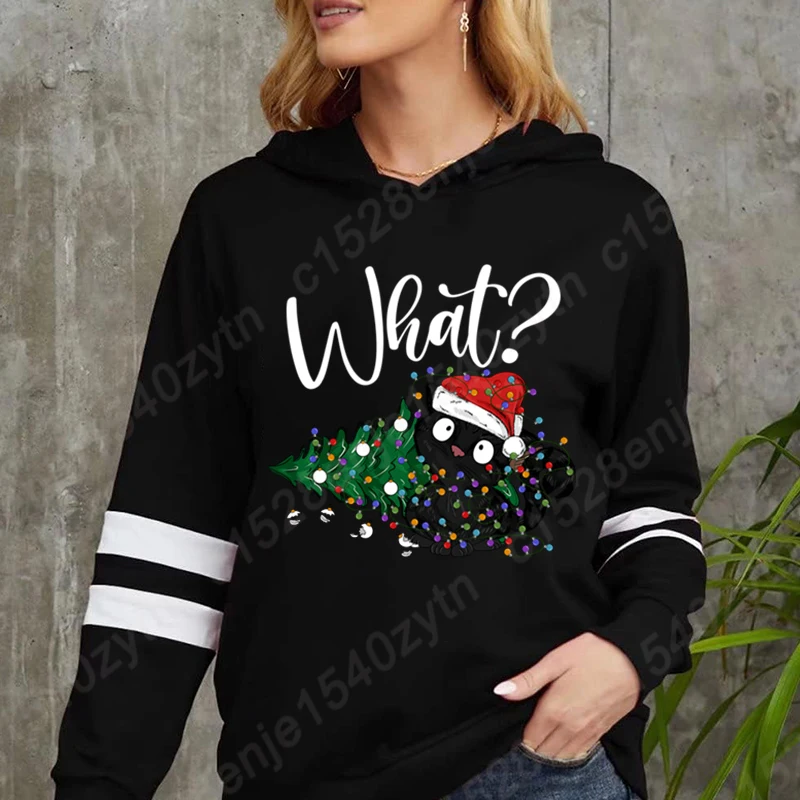 Fashion Women Hoodies Christmas Light Black Cat What Print Hoodies Casual Autumn Hooded Sweatshirts Loose Pullover Plus Size Top