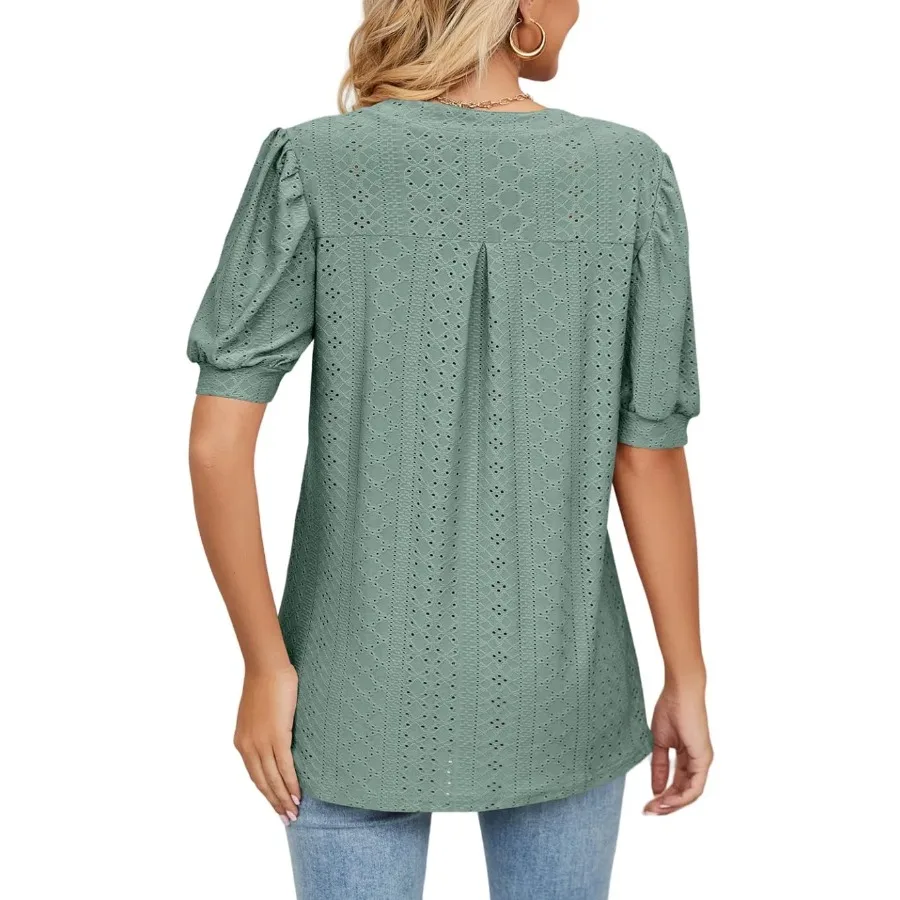 Dames zomer blouse met V-hals, ruches aan de mouwen, casual top-T-shirt met korte mouwen