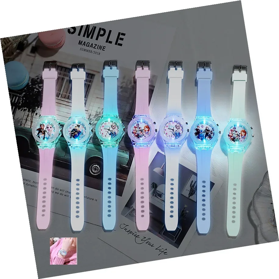 Disney Frozen Princess Pattern Led Glowing Flash Children Watch Toys Fashion Leather Quartz Wristwatch Christmas Gifts for Kids