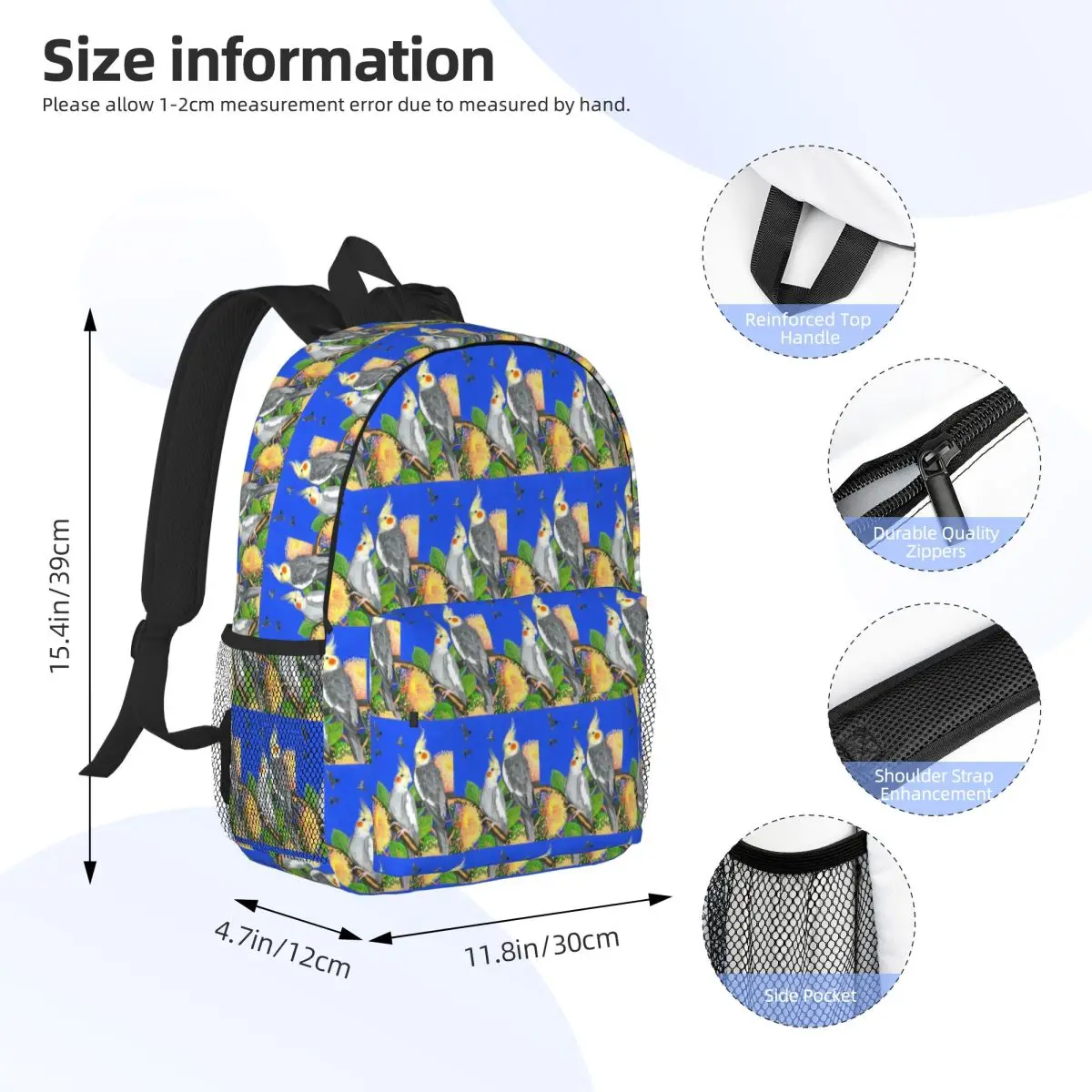 Birds Cockatiel Budgie Parrot Backpack Daypack Large Capacity Boys Girls BookBag Shoulder Bags for Men Women Children School Bag