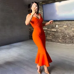 Sexy Orange Sleeveless  Prom Party Bodycon Bandage Mermaid Dress Mid-Calf Celebrity Evening Runway Cocktail Club Trumpet Dress