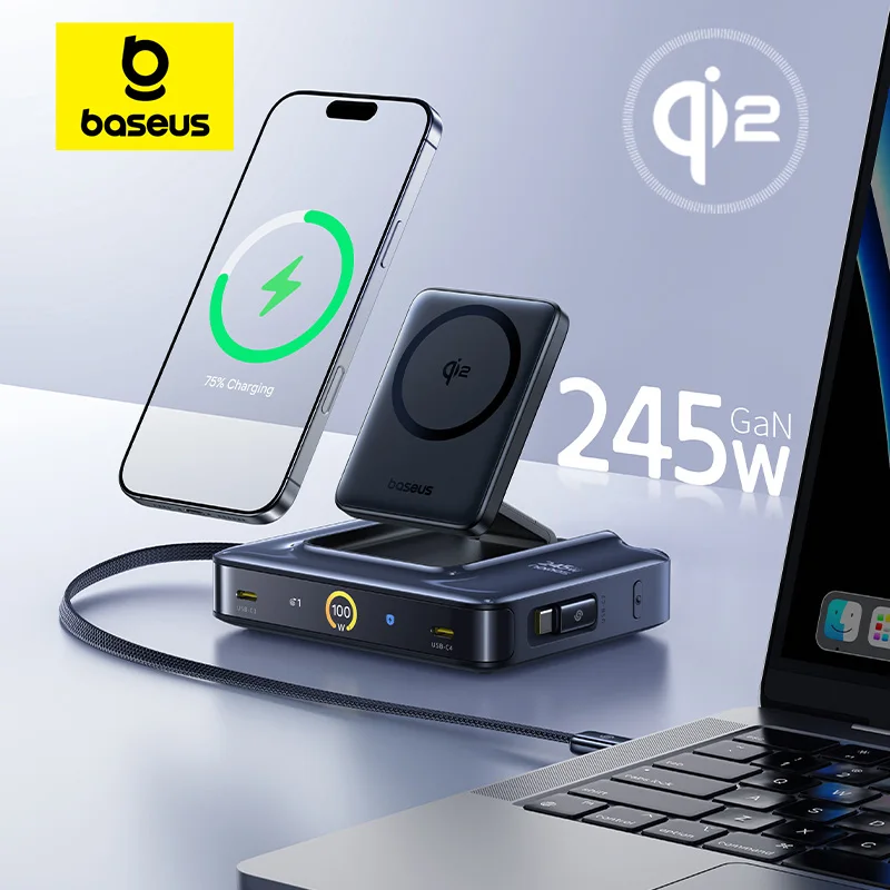 Baseus 245W Desktop Charger Tablet Fast Charger Qi2 Wireless Charger Retractable Cable USB C Phone Charger For iPhone 17 Samsung
