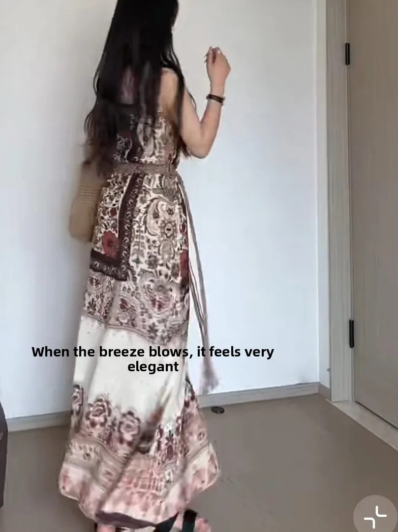 Retro n Print Tank Top Maxi Skirt Dr V Ne Slimming Holiday Gown Summer Season High Waist a Line SkirtLong Skirt