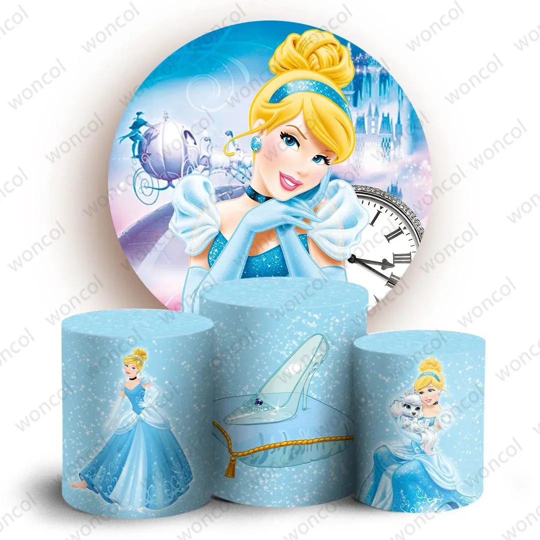 Disney Princess Cinderella Backdrop Girls Birthday Baby Shower Backdrop Cinderella Glass Slipper Cylinder Cover Decor Photo Prop