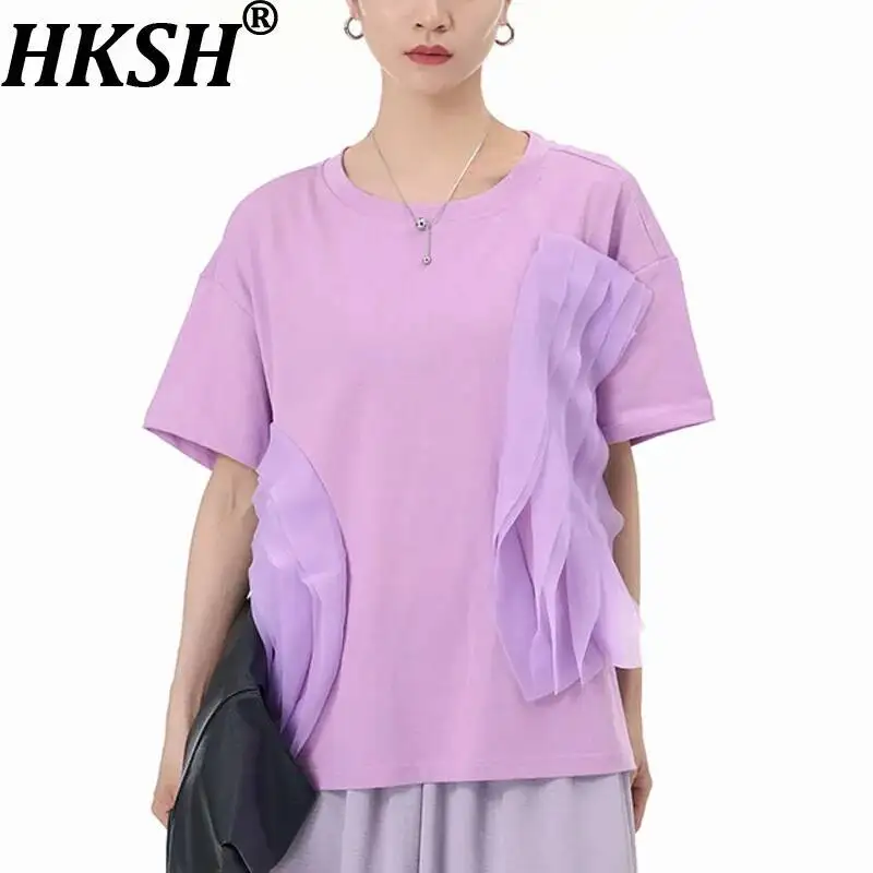 

Женская футболка HKSH с асимметричными оборками, сетчатыми вставками и круглым вырезом, с коротким рукавом, универсальная, элегантная, повседневная, в стиле High Street, летняя, HK22619