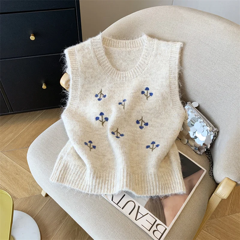 

Милый жилет с цветочной вышивкой, женский свитер с круглым вырезом, элегантный пуловер, свободный повседневный вязаный топ без рукавов для офиса и женщин