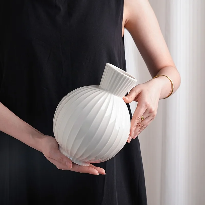 Vertical Ribbed Spherical Bloom Vessel Two Size Matching Set Solid Pale Tone Tabletop Fresh Stem Floral Display Decor Craft