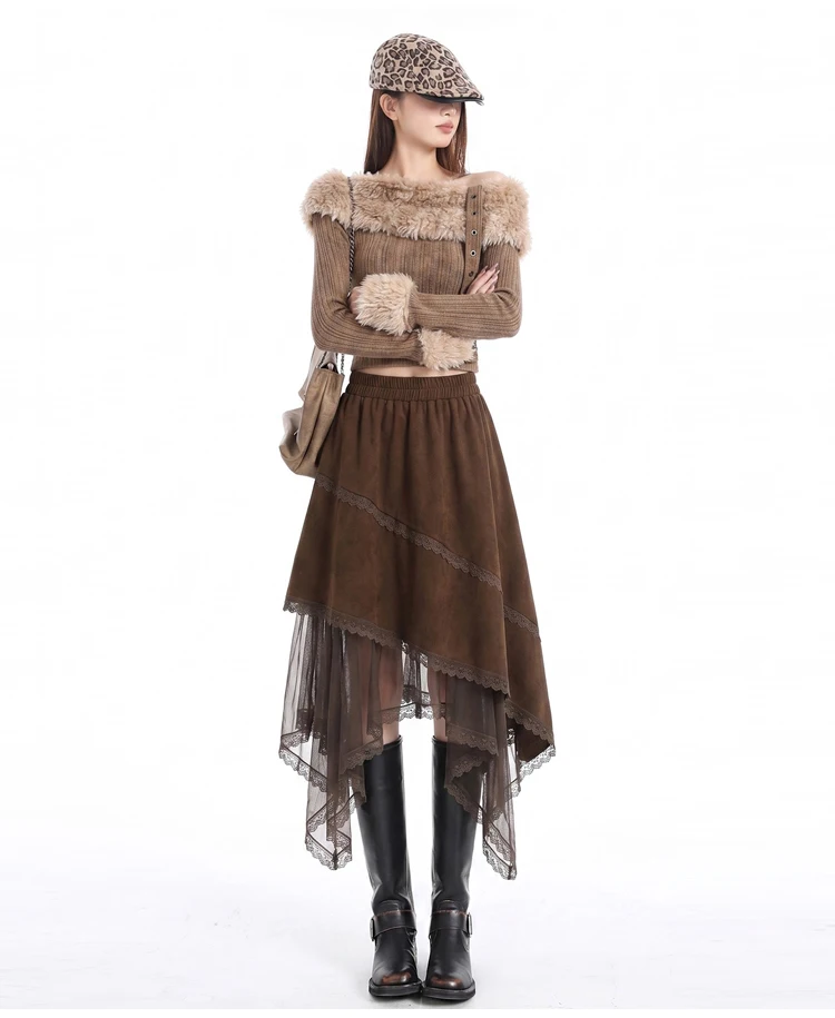 2026 Damen-Midirock mit Wildleder-Optik und Spitzenbesatz, Vintage-Brauntöne, elastischer Bund, unregelmäßiger Saum, Tüll, A-Linie, lässiger Halbrock – Detail 10