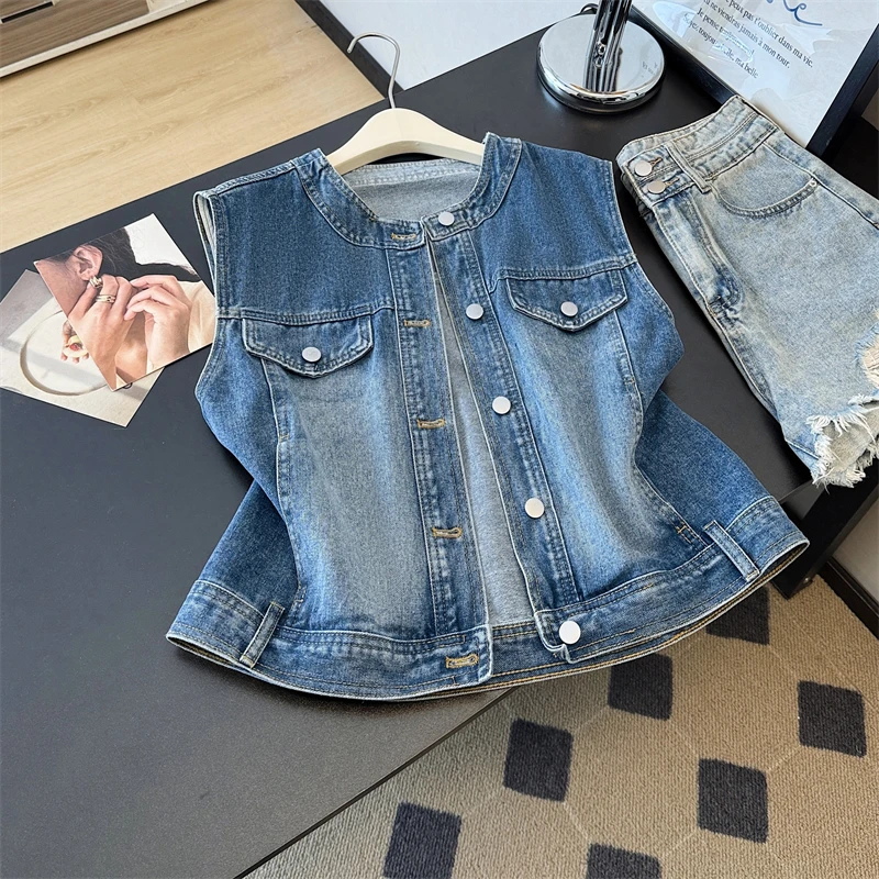

Summer Women Korean Round Neck Single-Breasted Sleeveless Slim Thin Short Denim Vest Vintage Washed Dark Blue Cowboy Waistcoat