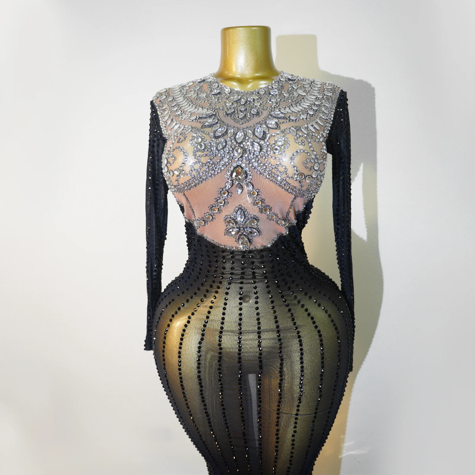gold mesh dress festival Gold Mesh Dress, Holographic Geometric Print Gown, Sheer Spandex Party Dress, High Slit Festival Outfit, Futuristic Club Wear, Open Back