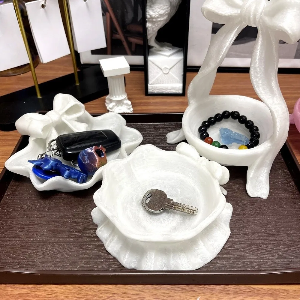Elegant 3D Printed Jewelry Tray Sweet Decorative Bow Ribbon Ring Holder Glossy Creative Jewelry Plates