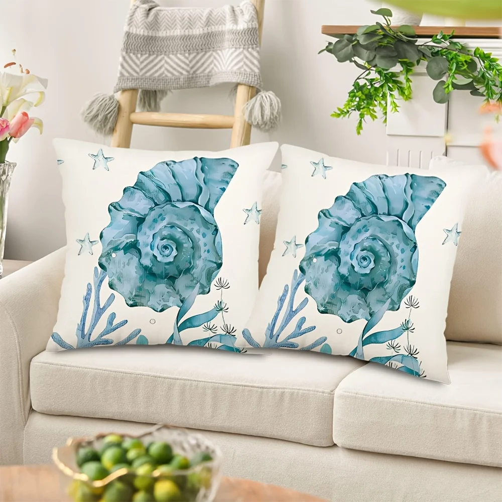 2pcs Coastal Watercolor Conch Seashell Throw Pillow Covers Navy Blue Nautical Ocean Cushion Cases for Home Sofa Bedroom Decor