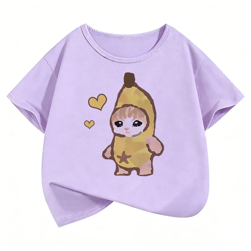 Funny Banana Cat Design T Shirts Graphic Cartoon Animal Kids Children's T-shirt Boys Girls Summer Spring Casual Top Tee