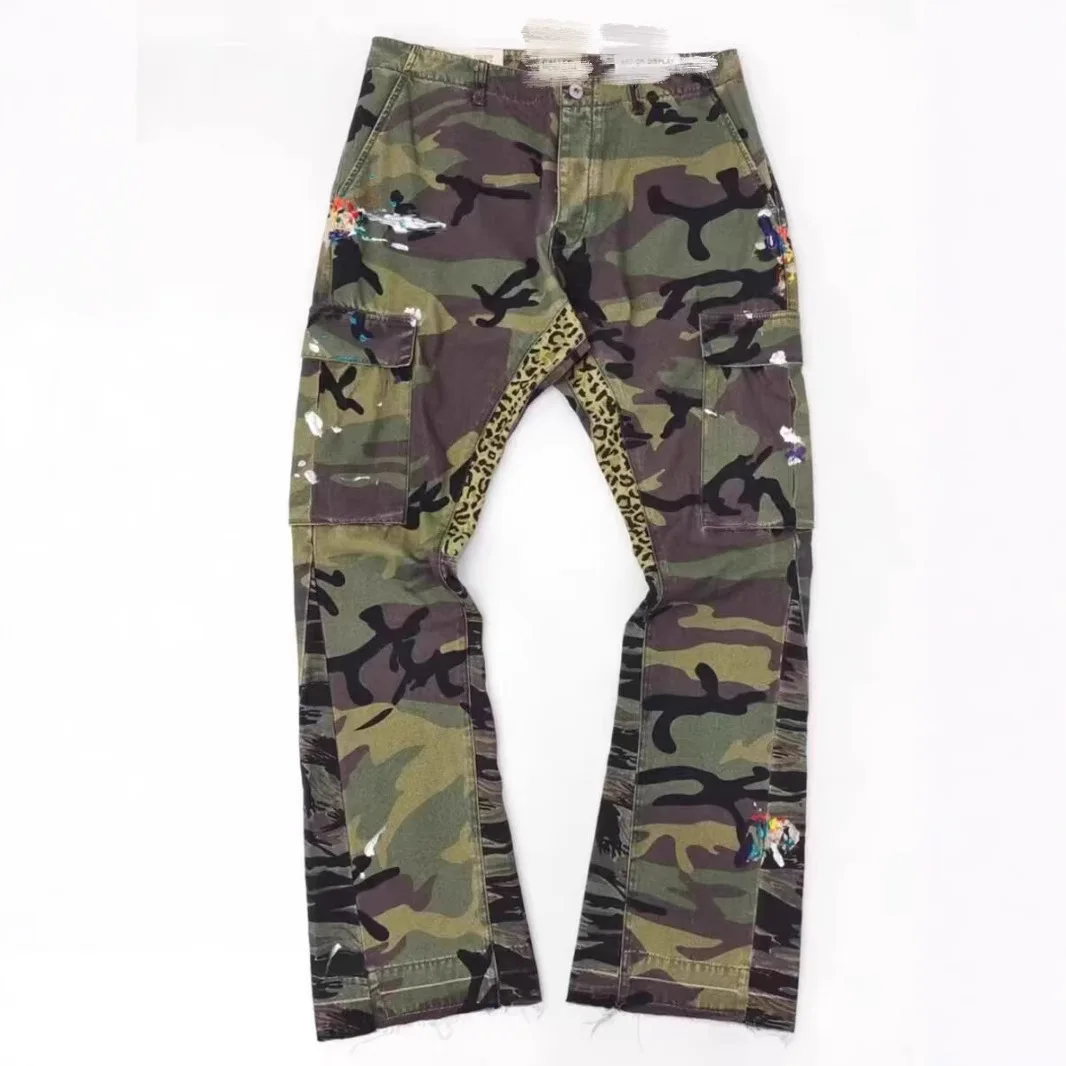 Retro American High Street Patchwork Splatter Paint Camouflage Work Pants Men Micro Flare Casual Long Trousers
