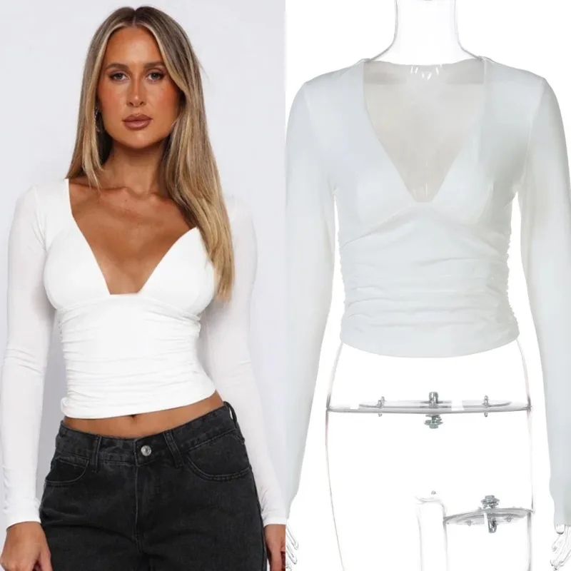 

Women V Neck Long Sleeve Slim Fit Top Solid Color Ruched Detail Sexy Casual Streetwear Crop Top Fashion Daily Wear Spring Autumn