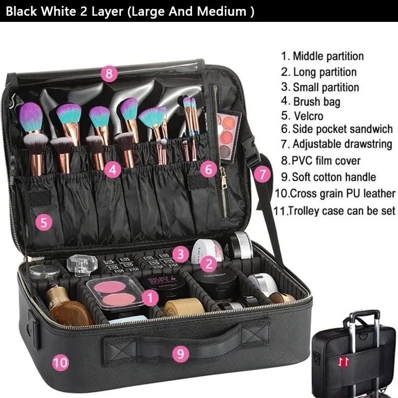 Leather Travel Makeup Bag For Women Makeup Storage Case Waterproof Beauty Brush Cosmetic Tool Professional Beautician Suitcase