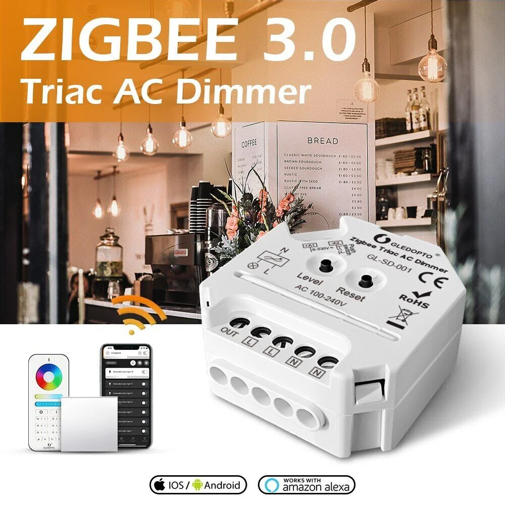 Ściemniacz AC GLEDOPTO ZIGBEE Triac 100-240V Regulowane obciążenie ma LED, lampa halogenowa o rezystancyjnym obciążeniu z transformatorem