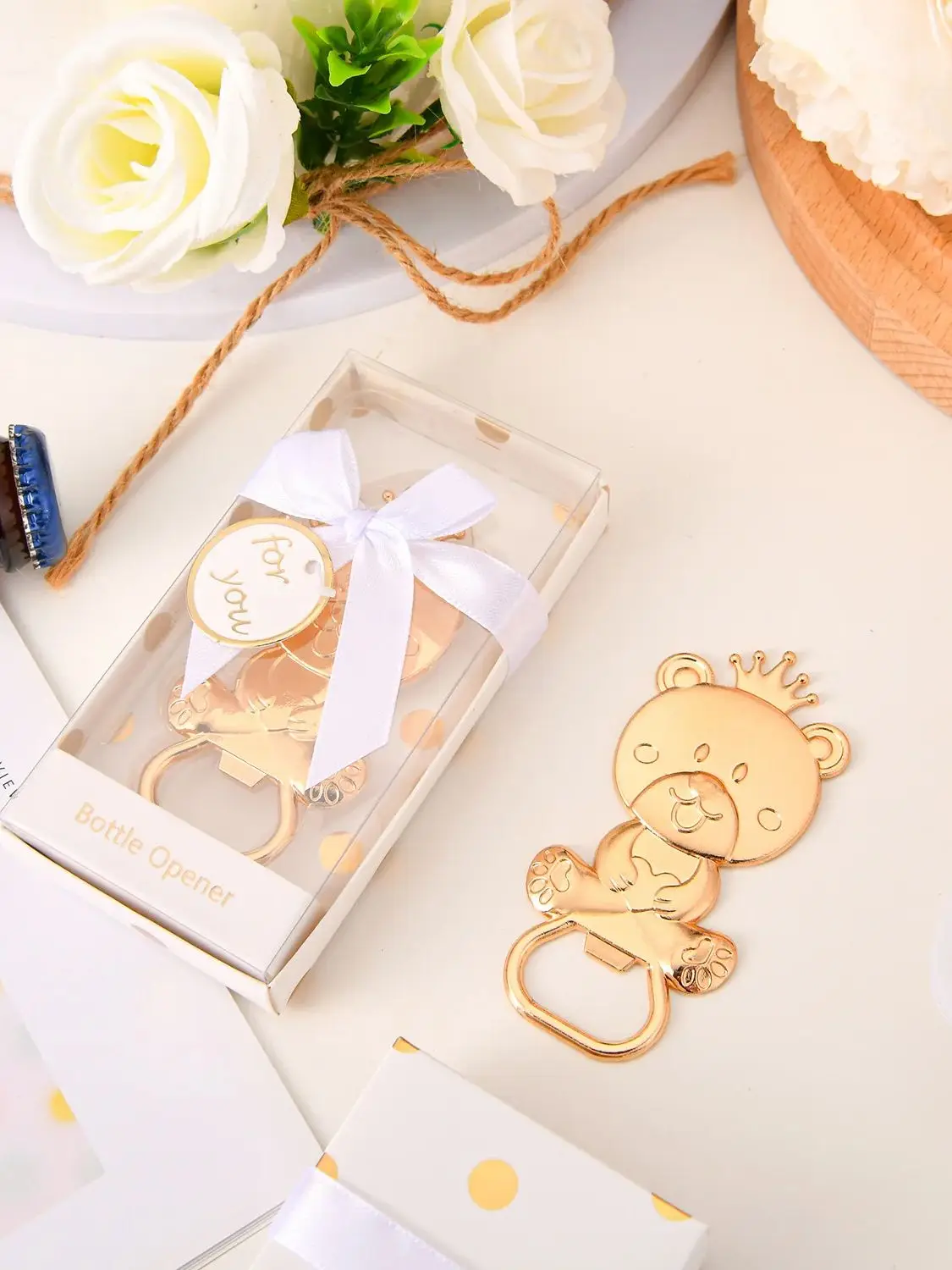 10Pcs/lot Gold Baby souvenirs of Baby Bear Crown bottle opener for Teddy baby birthday gift and gold themed baby shower favors