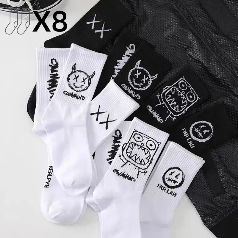 CHRLEISURE 8 Pairs/Set Socks Men\'s Black And White Socks Trend Cartoon Long Tube Comfortable Breathable Couple Socks