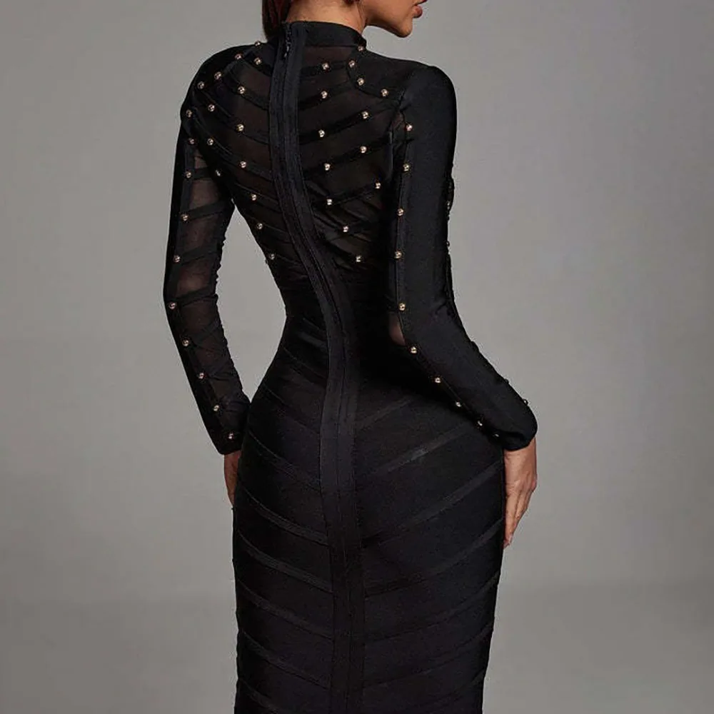 Sexy Vrouwen Jurken Zware Industrie Genageld Sheer Geborduurde Flares Mesh Lange Mouwen Jurken Halter Bandage Avond Jurken