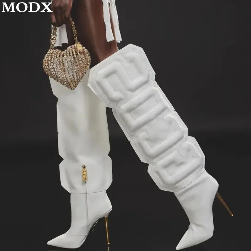 

Three Dimensional Letter Over The Knee Boots Fashion Women Metal Stiletto Catwalk Long Boots Pointed Toe White/Brown Party Shoes