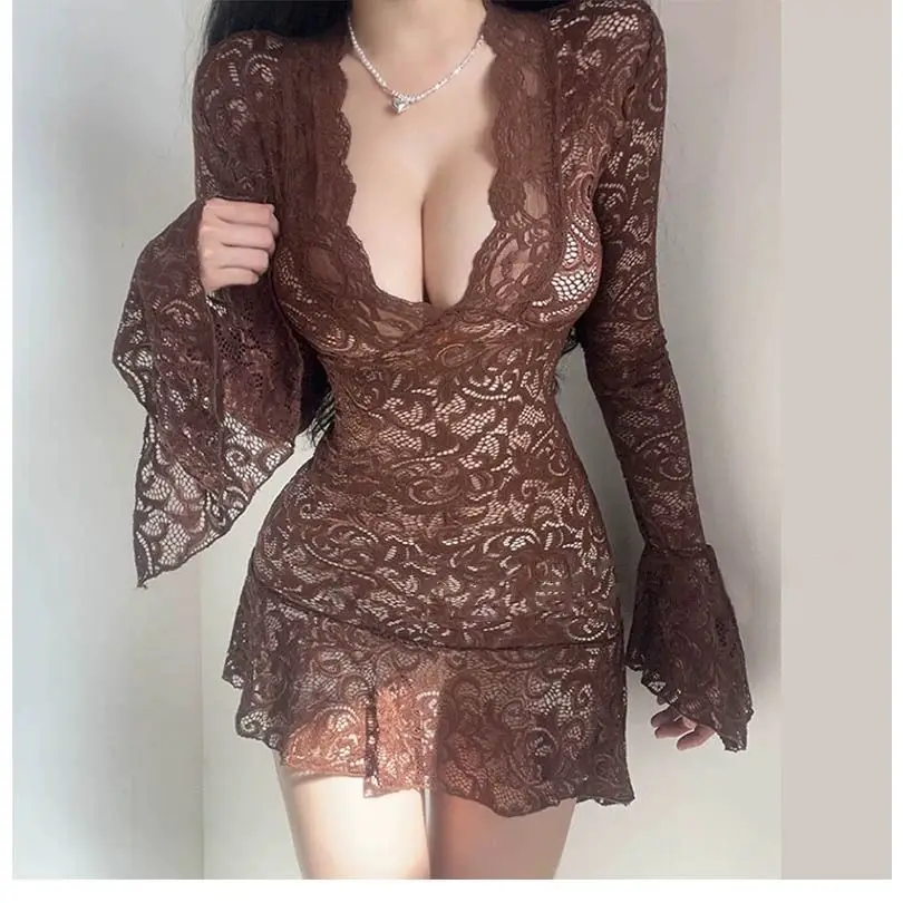 الخريف الأمريكية خمر bodycon فساتين النساء الملابس سليم صالح بولو الرقبة طويلة الأكمام الدانتيل سليم فستان حفلة قصيرة الكورية