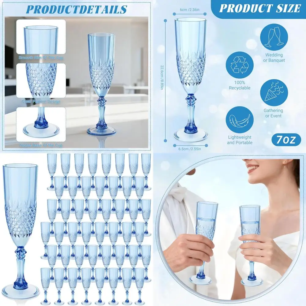 

Bulk Acrylic Champagne Glasses, Reusable Unbreakable for Weddings, Parties, 48pcs Blue