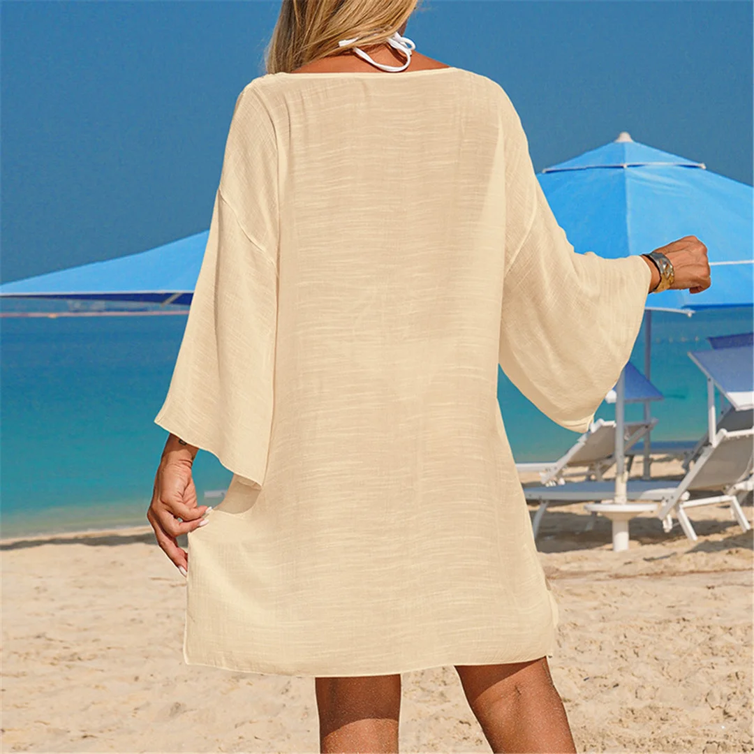 V-Ausschnitt, lange Ärmel, mit Ausschnitten versehen, gehäkelt, gestricktes Tunika-Oberteil, Strandkleid, Strandbekleidung, Damen-Strandkleid, Strandüberwurf, Damen V7580 – Detail 13